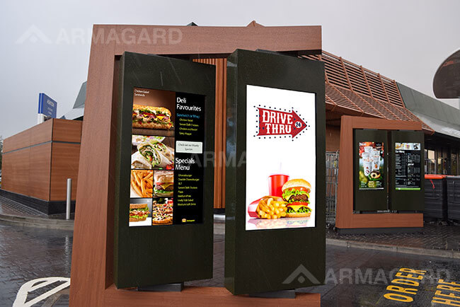Drive thru digital menu boards combined with enclosures