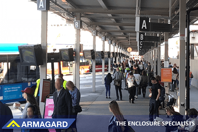 Armagard outdoor bus stop digital signage enclosures at a station in Sweden