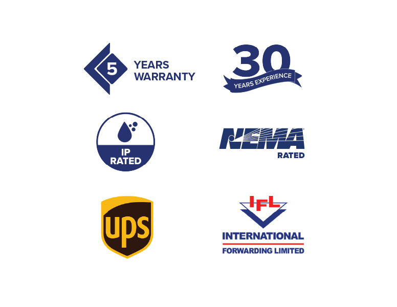 Icons for assurances, accreditations, and shipping for Armagard Ltd