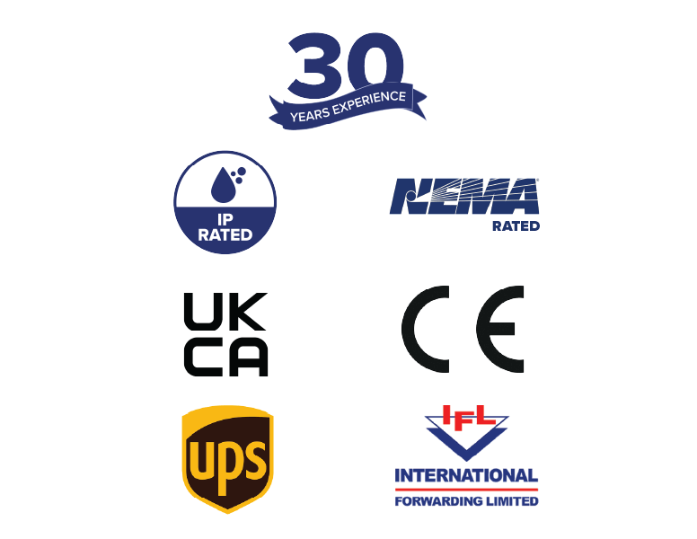 Icons for assurances, accreditations, and shipping for Armagard Ltd