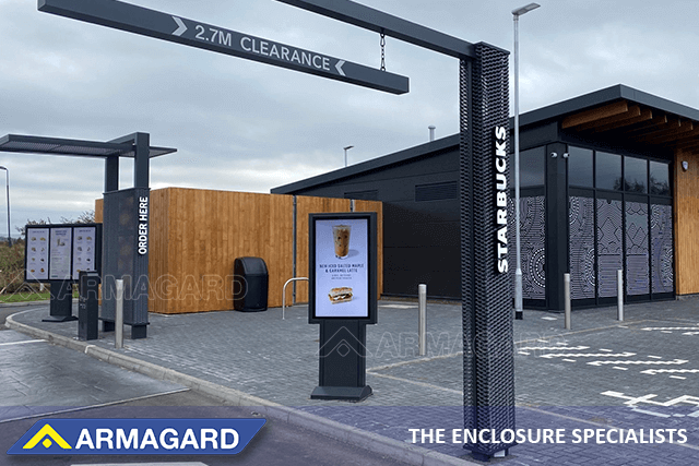 Starbucks drive thru lane with single and triple-screen outdoor digital menu boards