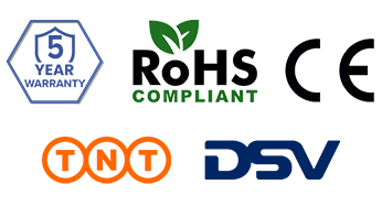 5 year warranty, TNT delivery, DSV delivery, CE, and RoHS logos