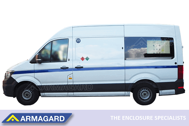 Side view of a van with Armagard van-side digital signage enclosure