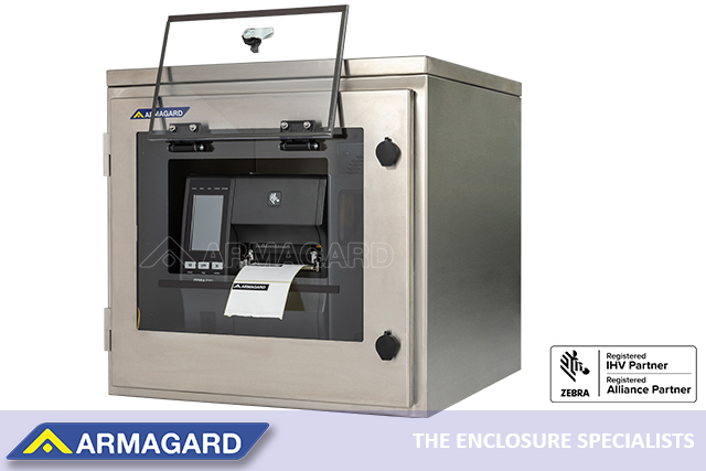 Waterproof Zebra industrial printer enclosure with open label window