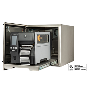 Zebra industrial printer enclosure with Zebra printer open view